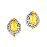 Double Halo Cluster Diamonds Teardrop Yellow Sapphire Stud Earrings