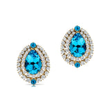 Double Halo Cluster Diamonds Teardrop Swiss Blue Topaz Stud Earrings