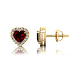 Heart Shaped Garnet Halo Diamond Stud Earrings