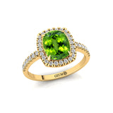 Elongated Cushion Halo Set Peridot Engagement Ring with Diamond Band