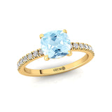 Aquamarine Square Cushion Under Halo Diamonds Thin Ring with Diamond Band