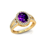 Solitaire Oval Amethyst Split Shank Diamond Engagement Ring