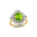 Oval Solitaire Peridot Baguette and Round Diamond Cocktail Ring