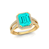 Halo Set Emerald Shaped Paraiba Tourmaline Split Shank Ring with Accent Diamonds