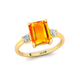 Emerald Cut Citrine and Diamond Three Stone Ring