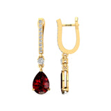 Lever Back Diamond Drop Earrings with Pear Cut Garnet