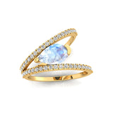 Fashionable V Shaped Diamond Ring with Pear Cut Moonstone