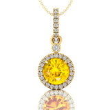 Classic Solitaire Round Yellow Sapphire Halo Diamond Dangle Pendant