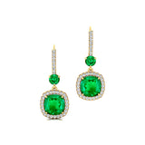 Halo Diamond Cushion Cut Emerald Dangle Earrings