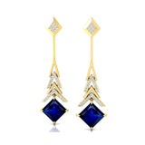 Inverted Princess Cut Blue Sapphire Drop Earrings with Diamonds