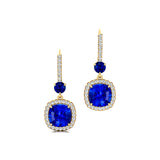 Halo Diamond Cushion Cut Blue Sapphire Dangle Earrings