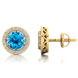 Round Solitaire Swiss Blue Topaz Halo Diamond Stud Earrings