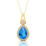 Classic Teardrop Shaped Swiss Blue Topaz Halo Diamond Dangle Pendant