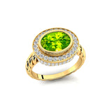 Vintage Style Elongated Oval Peridot Halo Diamond Twisted Ring