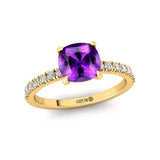 Amethyst Square Cushion Under Halo Diamonds Thin Ring with Diamond Band