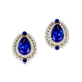 Double Halo Cluster Diamonds Teardrop Blue Sapphire Stud Earrings