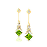 Inverted Princess Cut Peridot Drop Earrings with Diamonds