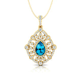 Art Deco Inspired Teardrop Swiss Blue Topaz Diamond Pendant