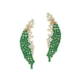 Nature Inspired Feather Shaped Cocktail Emerald Earrings with Diamond Accents