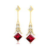 Inverted Princess Cut Ruby Drop Earrings with Diamonds