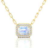 Emerald Cut Moonstone Halo Set Diamond Necklace