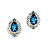 Double Halo Cluster Diamonds Teardrop London Blue Topaz Stud Earrings