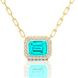 Emerald Cut Paraiba Tourmaline Halo Set Diamond Necklace