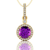 Classic Solitaire Round Amethyst Halo Diamond Dangle Pendant