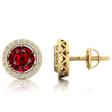 Round Solitaire Garnet Halo Diamond Stud Earrings