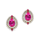 Double Halo Cluster Diamonds Teardrop Pink Sapphire Stud Earrings