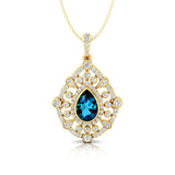 Art Deco Inspired Teardrop London Blue Topaz Diamond Pendant