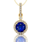 Classic Solitaire Round Blue Sapphire Halo Diamond Dangle Pendant