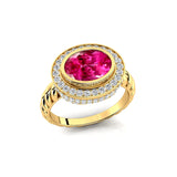 Vintage Style Elongated Oval Pink Sapphire Halo Diamond Twisted Ring