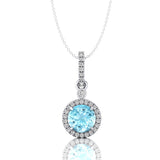 Classic Solitaire Round Aquamarine Halo Diamond Dangle Pendant