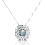 Double Halo Diamond Cushion Cut Opal Necklace