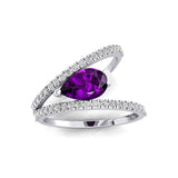 Fashionable V Shaped Diamond Ring with Pear Cut Amethyst