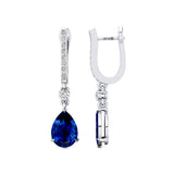 Lever Back Diamond Drop Earrings with Pear Cut Blue Sapphire