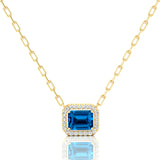 Emerald Cut Swiss Blue Topaz Halo Set Diamond Necklace