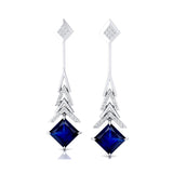 Inverted Princess Cut Blue Sapphire Drop Earrings with Diamonds