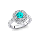 Double Halo Diamond Cushion Cut Paraiba Tourmaline Ring