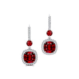 Halo Diamond Cushion Cut Ruby Dangle Earrings