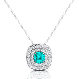 Double Halo Diamond Cushion Cut Paraiba Tourmaline Necklace