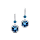 Halo Diamond Cushion Cut London Blue Topaz Dangle Earrings