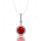 Classic Solitaire Round Ruby Halo Diamond Dangle Pendant