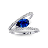 Fashionable V Shaped Diamond Ring with Pear Cut Blue Sapphire