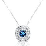 Double Halo Diamond Cushion Cut London Blue Topaz Necklace