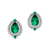 Double Halo Cluster Diamonds Teardrop Emerald Stud Earrings