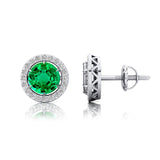 Round Solitaire Emerald Halo Diamond Stud Earrings