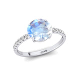 Classic Six Prong Round Solitaire Moonstone Ring with Accent Diamond Band