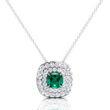 Double Halo Diamond Cushion Cut Emerald Necklace